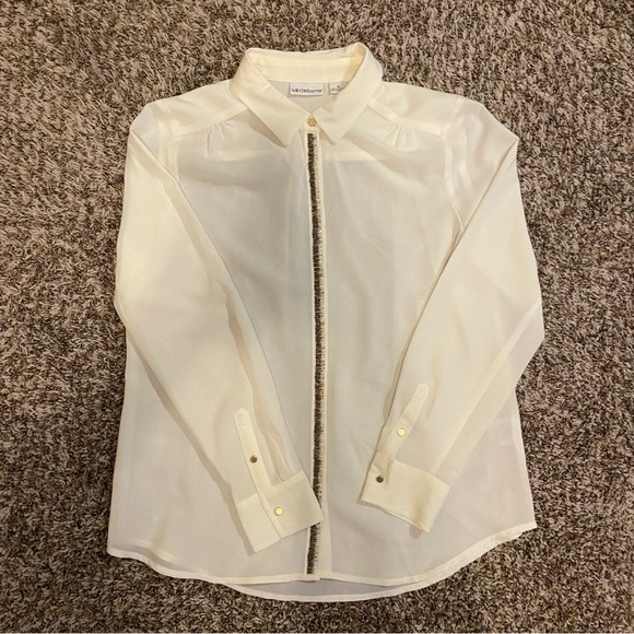 Liz Claiborne White Button Down Shirt with Beaded Accents, Size Medium - Picture 6 of 8